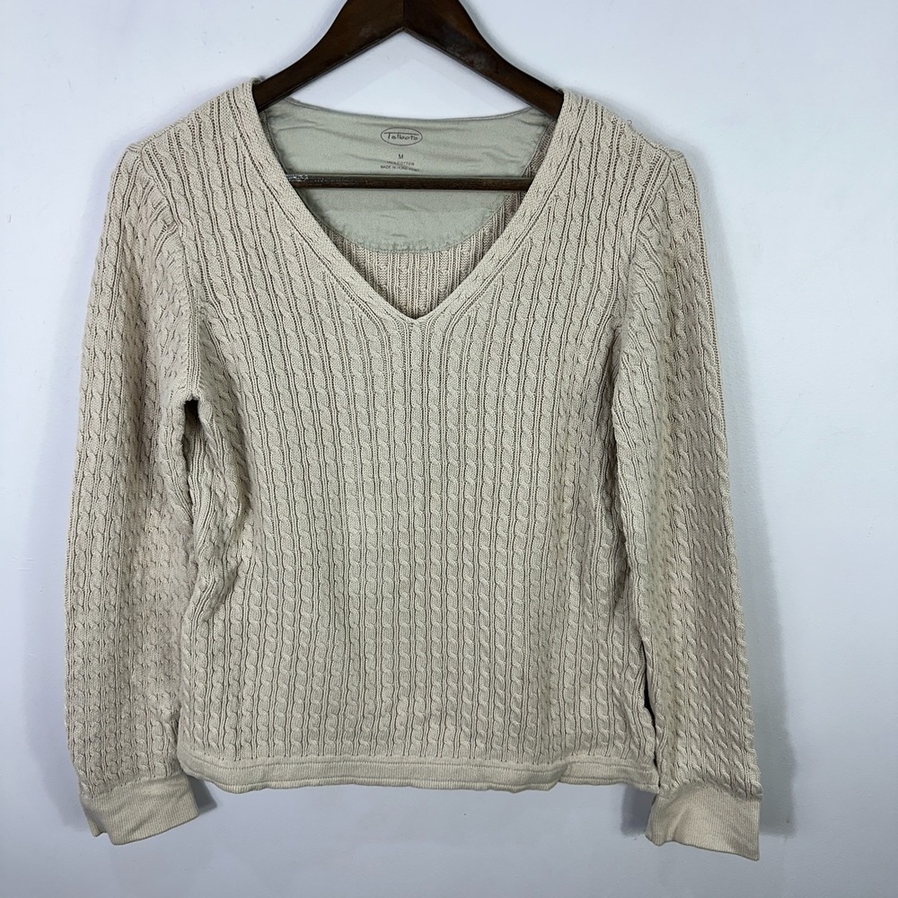 Talbots Sweater Womens‎ M Cream Cable Knit V Neck Old Money Quiet Luxury Preppy